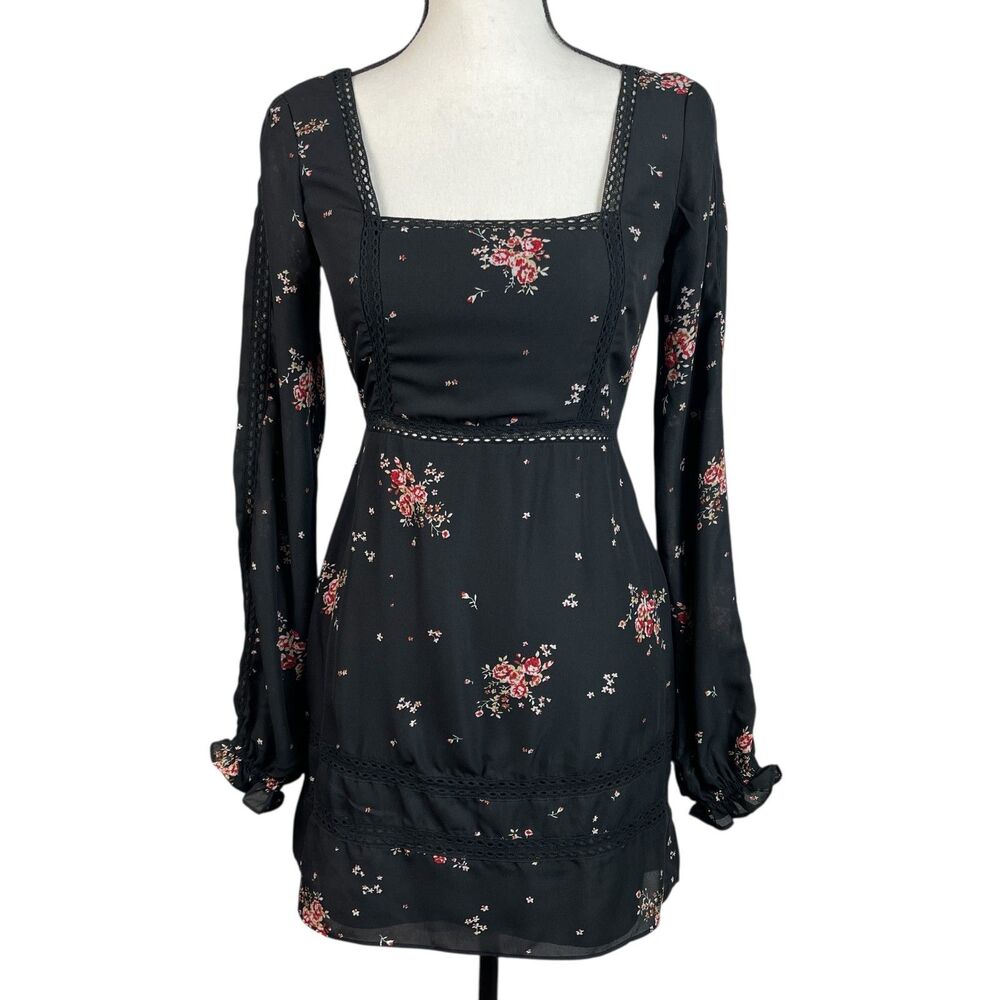 Show Me Your Mumu Helen Mini Dress XS Black Floral Long Sleeve Smocked Back - Picture 1 of 13